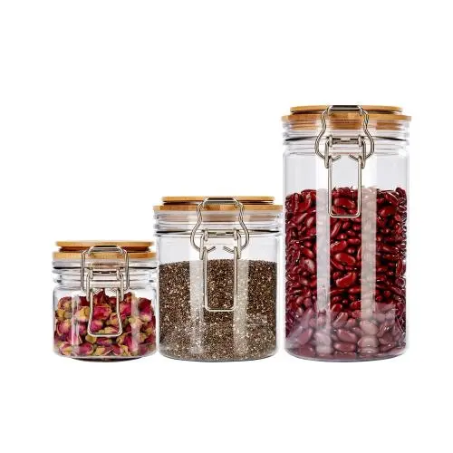 Round Kitchen Set Of 3 Plastic Pet Food Storage Jar With Stackable Bamboo Lid with Different Size Round Kitchen Set Of 3 Plastic Pet Food Storage Jar With Stackable Bamboo Lid with Different Size