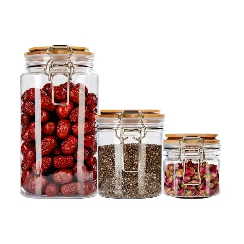 Bouteille en verre alimentaire avec couvercle en bois, pot Mason en PET avec couvercle en bois, pot en plastique à large ouverture en PLA de 3 tailles. Bouteille en verre alimentaire avec couvercle en bois, pot Mason en PET avec couvercle en bois, pot en plastique à large ouverture en PLA de 3 tailles.