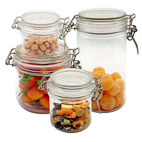 4-Pieces Household Airtight Canister Set (Clear PET) with Lid Waterproof and Airtight Storage PET Jar Dry Food Pantry Multi-Purpose Food Storage Container-Includes 1 each 1.5L 1L 0.76L 0.5L