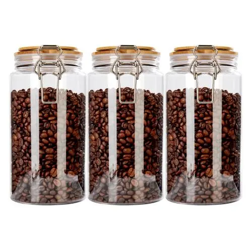 Bocaux en PP Plastique 1500ml 3 Pièces avec Bouchon en Bambou, Étanchés Bocaux en PP Plastique 1500ml 3 Pièces avec Bouchon en Bambou, Étanchés