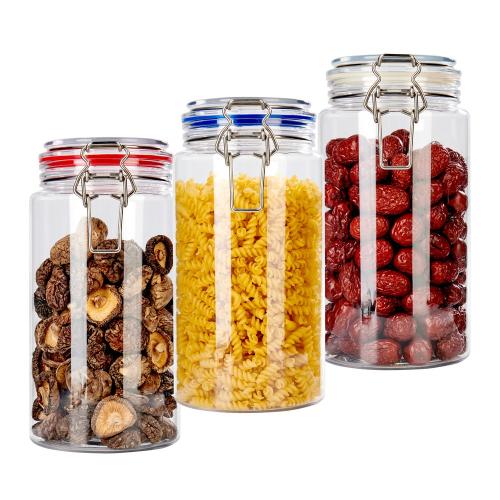 Round food container 1500ml 3pcs air seal PET plastic kilner jar with metal lock