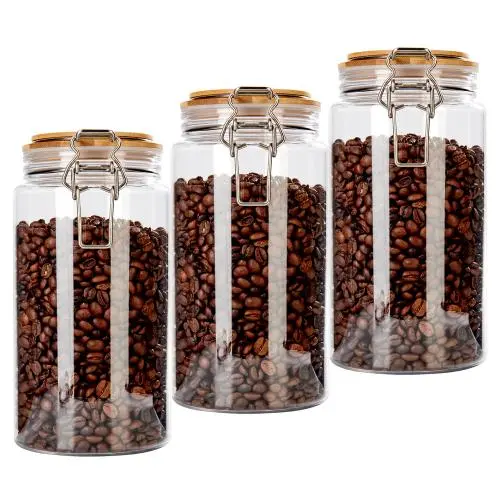 Ensemble de Récipients Kitchen 1550ml - 3 Pièces, Récipients Plastiques de Remplacement pour Café, Sucre et Thé avec Couvercles en Bambou