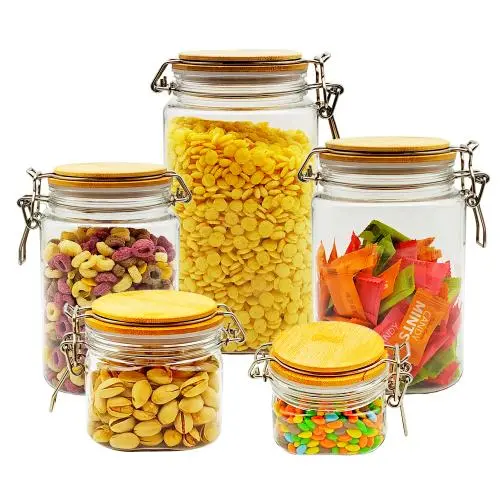 4450ml 5packs High Quality 5-sizes Plastic Food Storage Canister Sets with Bamboo Airtight Lids Stainless Locker