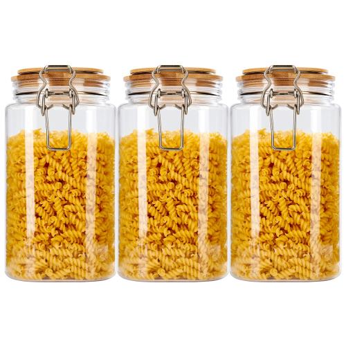 Factory Supplied Food Plastic Square Mason Storage Jar with Sealed Wooden Lid, Clear Food Storage Jar for Storing Spaghetti, Pasta and More 3pcs