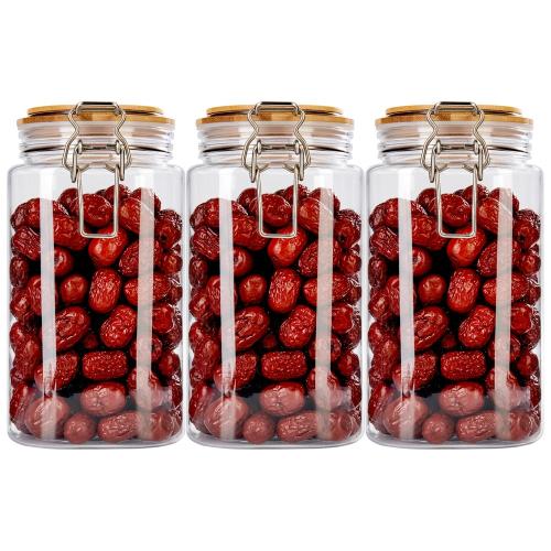 Square Transparent Food Grade PET Plastic Jar With vacuum sealed Bamboo Lid 3pcs