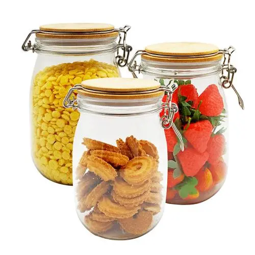 3-Pieces  1150ml Wide Mouth Mason Jars - PET Jars with Hinged Lids - Canning Jars Perfect for Storing Coffee, Sugar, Flour. Extra one Replacement Silicone Gasket Included