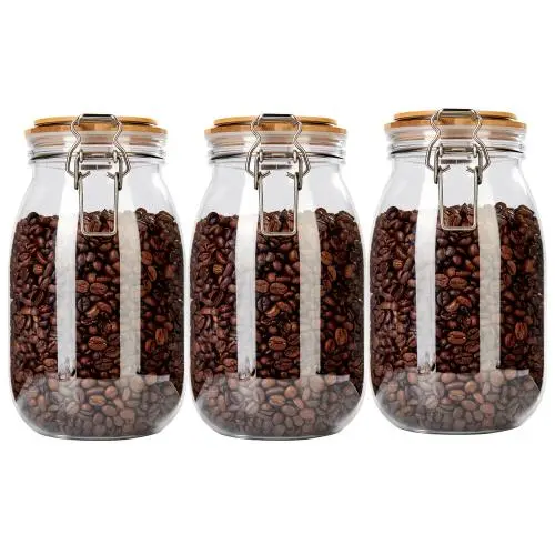 Bouteilles Mason Plastiques à Bouches Large 58oz (1650ml) 3 Pièces Alimentaires, avec Couvercles en Bois Bambou - En Gros Bouteilles Mason Plastiques à Bouches Large 58oz (1650ml) 3 Pièces Alimentaires, avec Couvercles en Bois Bambou - En Gros