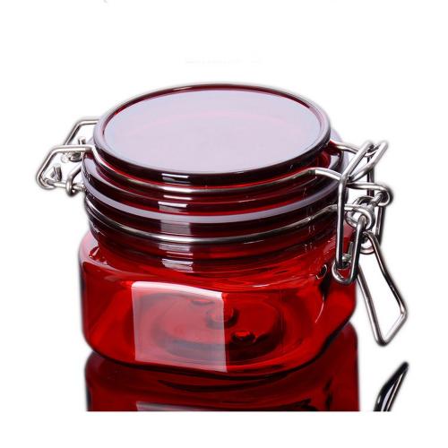 150ml 5oz Hot sell Square PET plastic kilner clip top jar red color Cosmetic Cream Jar