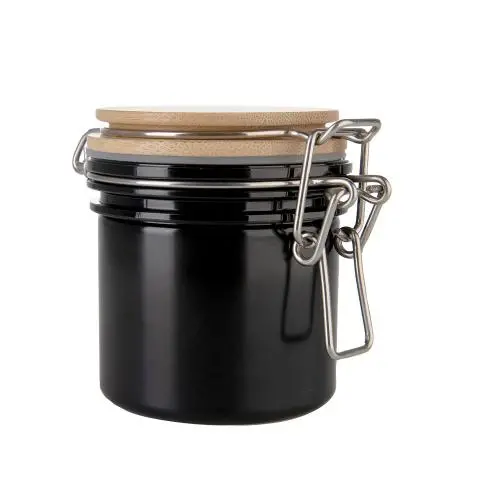 Black 200ml Frosted Plastic Pet Jars Feeling Bottle with bamboo lid and stainless buckle locker Black 200ml Frosted Plastic Pet Jars Feeling Bottle with bamboo lid and stainless buckle locker