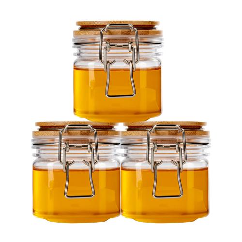 Wholesale proper price 400ml 3pcs plastic honey jar with wooden lid, plastic bottle for honey,honey jars wooden lids,wood honey jar