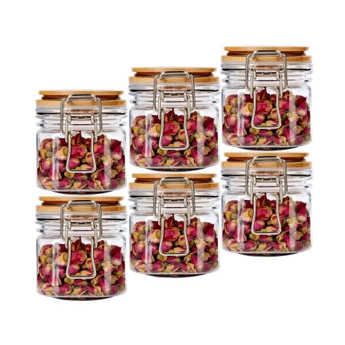6pcs 250ml Plastic PET square clear food jar with wood lid