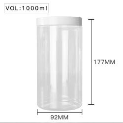 High Quality  Plastic 1000ml 34 oz Clear Round PET Jar with White Plastic Screw Lid Food Storage Container Sealed D92mm H177mm with Induction Seal Pad, More Lid's color option, black,silver,brown,transparent,golden