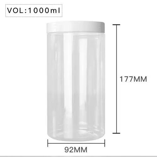 High Quality  Plastic 1000ml 34 oz Clear Round PET Jar with White Plastic Screw Lid Food Storage Container Sealed D92mm H177mm with Induction Seal Pad, More Lid's color option, black,silver,brown,transparent,golden