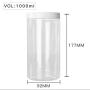 High Quality  Plastic 1000ml 34 oz Clear Round PET Jar with White Plastic Screw Lid Food Storage Container Sealed D92mm H177mm with Induction Seal Pad, More Lid's color option, black,silver,brown,transparent,golden