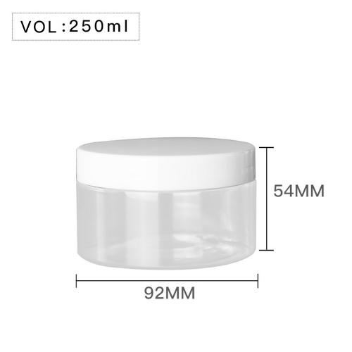 High Quality  Plastic 250ml 8/9 oz Clear Round PET Jar with White Plastic Screw Lid Food Storage Container Sealed D92mm H54mm with Induction Seal Pad, More Lid's color option, black,silver,brown,transparent,golden