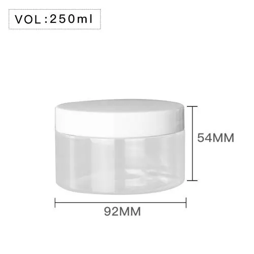 High Quality  Plastic 250ml 8/9 oz Clear Round PET Jar with White Plastic Screw Lid Food Storage Container Sealed D92mm H54mm with Induction Seal Pad, More Lid's color option, black,silver,brown,transparent,golden