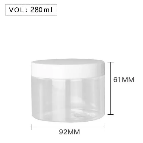 High Quality Plastic 280ml 10 oz Clear Round PET Jar with White Plastic Screw Lid Food Storage Container Sealed D92mm H61mm with Induction Seal Pad, More Lid's color option, black,silver,brown,transparent,golden High Quality Plastic 280ml 10 oz Clear Round PET Jar with White Plastic Screw Lid Food Storage Container Sealed D92mm H61mm with Induction Seal Pad, More Lid's color option, black,silver,brown,transparent,golden