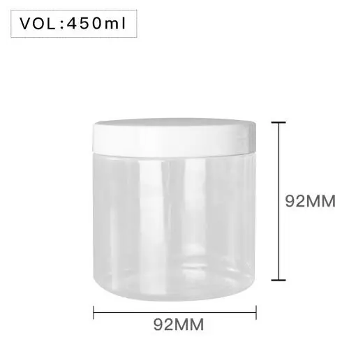 High Quality  Plastic 450ml 15 oz Clear Round PET Jar with White Plastic Screw Lid Food Storage Container Sealed D92mm H92mm with Induction Seal Pad, More Lid's color option, black,silver,brown,transparent,golden