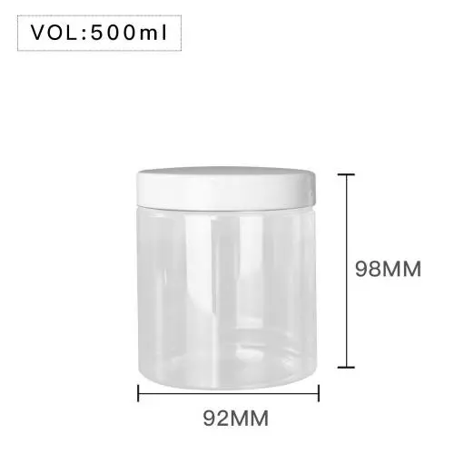 High Quality  Plastic 500ml 17 oz Clear Round PET Jar with White Plastic Screw Lid Food Storage Container Sealed D92mm H98mm with Induction Seal Pad, More Lid's color option, black,silver,brown,transparent,golden