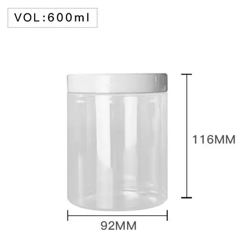 Bouteille en plastique PET transparente de haute qualité 600ml 20 oz avec couvercle en plastique blanc, récipient de stockage alimentaire étanche D92mm H116mm avec joint d'induction, plus d'options de couleur de couvercle, noir, argent, marron, transparen Bouteille en plastique PET transparente de haute qualité 600ml 20 oz avec couvercle en plastique blanc, récipient de stockage alimentaire étanche D92mm H116mm avec joint d'induction, plus d'options de couleur de couvercle, noir, argent, marron, transparen