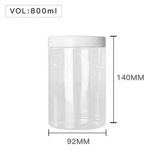 Bouteille en PET transparente de 800ml 27 oz avec couvercle en plastique blanc, contenante alimentaire, étanchée, D92mm H140mm avec coussin d'étanchéité par induction, plus d'options de couleur de couvercle, noir, argent, marron, transparent, doré. Bouteille en PET transparente de 800ml 27 oz avec couvercle en plastique blanc, contenante alimentaire, étanchée, D92mm H140mm avec coussin d'étanchéité par induction, plus d'options de couleur de couvercle, noir, argent, marron, transparent, doré.