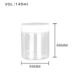 High Quality  Plastic 140ml 5 oz Clear Round PET Jar with White Plastic Screw Lid Food Storage Container Sealed D59mm H68mm with Induction Seal Pad, multiple lid's color available