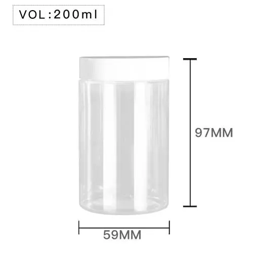 High Quality Plastic 200ml 7 oz Clear Round PET Jar with White Plastic Screw Lid Food Storage Container Sealed D59mm H97mm with Induction Seal Pad, multiple lid's color available High Quality Plastic 200ml 7 oz Clear Round PET Jar with White Plastic Screw Lid Food Storage Container Sealed D59mm H97mm with Induction Seal Pad, multiple lid's color available