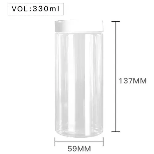 Hochwertige Kunststoff-330ml 11 oz Klare Runder PET-Behälter mit weißem Kunststoffdeckel, Lebensmittel-Aufbewahrungskarton, verschlossen, D59mm H137mm mit Induktionsverschluss-Pad, mehrere Deckelfarben erhältlich.