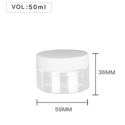 High Quality  Plastic 50ml 2 oz Clear Round PET Jar with White Plastic Screw Lid Food Storage Container Sealed D59mm H36mm with Induction Seal Pad, multiple lid's color available