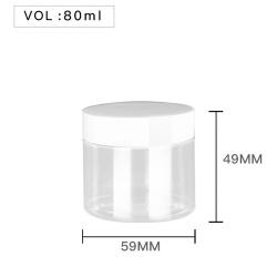 High Quality  Plastic 80ml 3 oz Clear Round PET Jar with White Plastic Screw Lid Food Storage Container Sealed D59mm H49mm with Induction Seal Pad, multiple lid's color available