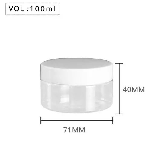 High Quality Plastic 100ml 3 oz Clear Round PET Jar with White Plastic Screw Lid Food Storage Container Sealed D71mm H40mm with Induction Seal Pad, multiple lid's color available High Quality Plastic 100ml 3 oz Clear Round PET Jar with White Plastic Screw Lid Food Storage Container Sealed D71mm H40mm with Induction Seal Pad, multiple lid's color available