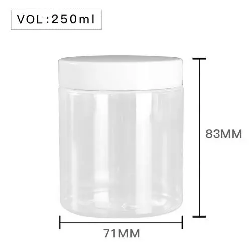 Hochwertige Kunststoff-Glasbehälter 250 ml / 8/9 oz Klarer Rundes PET-Behälter mit Weißem Plastikdeckel, Lebensmittel-Aufbewahrungskontenir Sealed D71mm H83mm mit Induktionsversiegelungsmatte, verschiedene Deckelfarben erhältlich