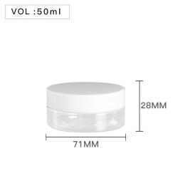 High Quality  Plastic 50ml 2 oz Clear Round PET Jar with White Plastic Screw Lid Food Storage Container Sealed D71mm H28mm with Induction Seal Pad, multiple lid's color available