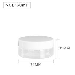 High Quality  Plastic 60ml 2 oz Clear Round PET Jar with White Plastic Screw Lid Food Storage Container Sealed D71mm H31mm with Induction Seal Pad, multiple lid's color available