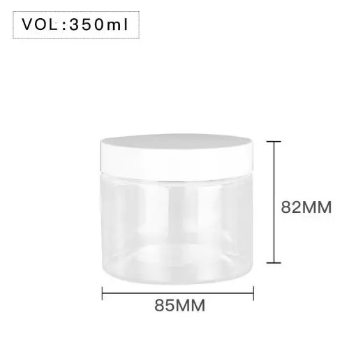 High Quality  Plastic 350ml 12 oz Clear Round PET Jar with White Plastic Screw Lid Food Storage Container Sealed D85mm H82mm with Induction Seal Pad, multiple lid's color available, black, white, silver, brown, golden, transparent