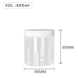 High Quality  Plastic 400ml 14 oz Clear Round PET Jar with White Plastic Screw Lid Food Storage Container Sealed D85mm H95mm with Induction Seal Pad, multiple lid's color available, black, white, silver, brown, golden, transparent