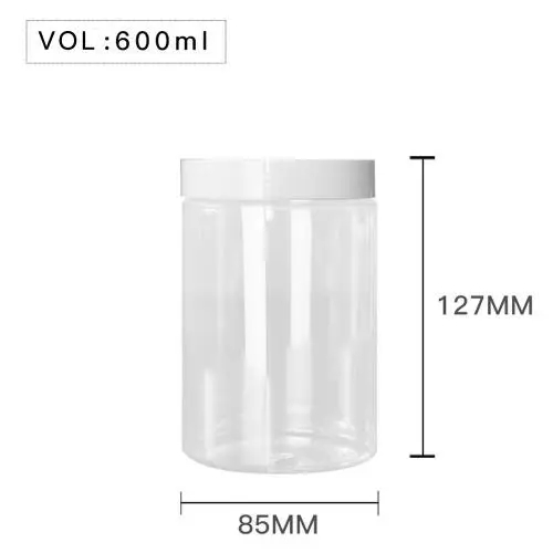 Hochwertige Kunststoff-600ml 20 oz Klare Runder PET-Behälter mit Weißer Kunststoff Schraubdeckel Lebensmittel Lagerbehälter Versiegelt D85mm H127mm mit Induktionsversiegelung, mehrere Deckelfarben verfügbar, schwarz, weiß, silber, braun, golden, transpare