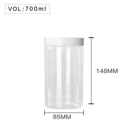 High Quality  Plastic 700ml 24 oz Clear Round PET Jar with White Plastic Screw Lid Food Storage Container Sealed D85mm H148mm with Induction Seal Pad, multiple lid's color available, black, white, silver, brown, golden, transparent