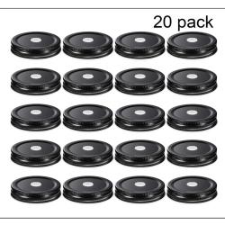 20 Pieces MASON JAR Lids with Straw Hole Metal  Steel Regular Mouth Canning Cover Reusable Leakproof Storage Cap Home Kitchen Birthday Party Wedding Drinking Supplies (Black, 70mm)