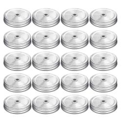 20 Pieces MASON JAR Lids with Straw Hole Stainless Steel Regular Mouth Canning Cover Reusable Leakproof Storage Cap Home Kitchen Birthday Party Wedding Drinking Supplies (Silver, 70mm)