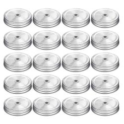 20 Pieces MASON JAR Lids with Straw Hole Stainless Steel Regular Mouth Canning Cover Reusable Leakproof Storage Cap Home Kitchen Birthday Party Wedding Drinking Supplies (Silver, 70mm)