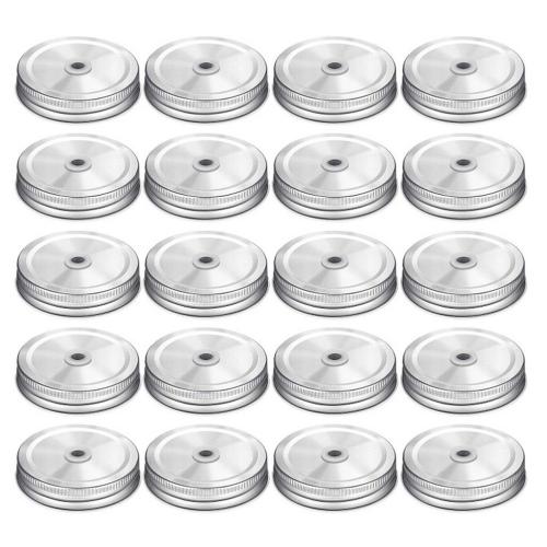 20 Pieces MASON JAR Lids with Straw Hole Stainless Steel Regular Mouth Canning Cover Reusable Leakproof Storage Cap Home Kitchen Birthday Party Wedding Drinking Supplies (Silver, 70mm)