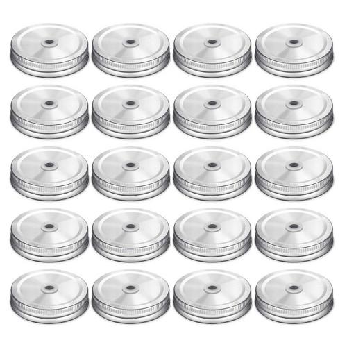 20 Pieces MASON JAR Lids with Straw Hole Stainless Steel Regular Mouth Canning Cover Reusable Leakproof Storage Cap Home Kitchen Birthday Party Wedding Drinking Supplies (Silver, 70mm)