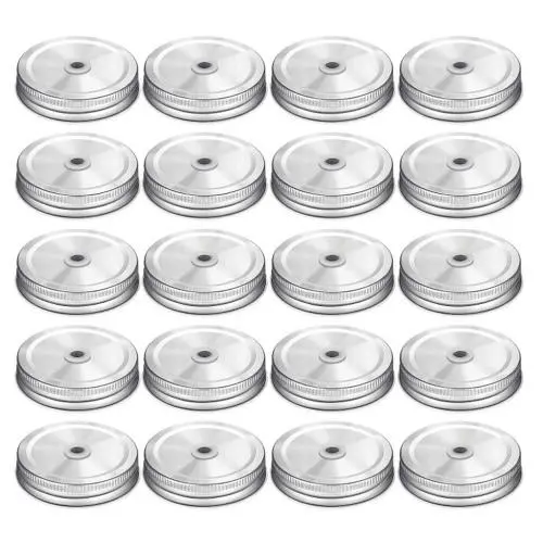 20 Bouchons en Acier Inox Réguliers pour Bocal Mason avec Trou à Pailles, Couvercle Reutilisable et Étanche pour Rangement, Cuisine, Fête, Mariage, Fournitures de Boissons (Argent, 70mm)