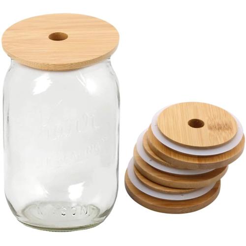 Wide Mouth and Regular Mouth Bamboo Mason Jar Lids with Straw Hole Reusable Bamboo Caps Leak-Proof Glass Canning Drinking Storage Jars Lid Covers 1pcs