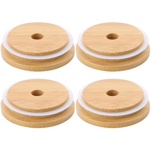 Wide Mouth and Regular Mouth Bamboo Mason Jar Lids with Straw Hole Reusable Bamboo Caps Leak-Proof Glass Canning Drinking Storage Jars Lid Covers 1pcs