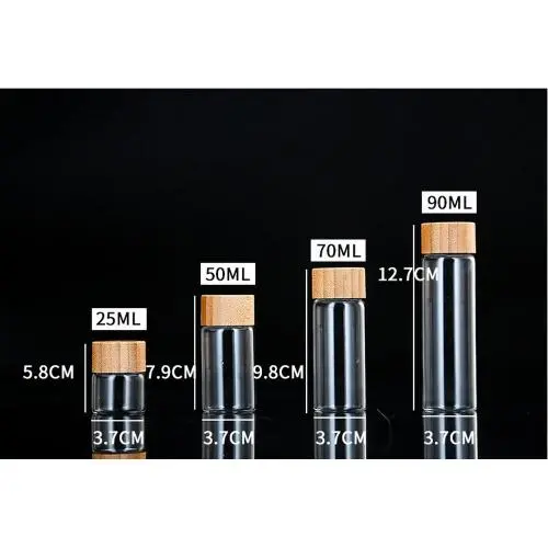 Glas Lebensmittelbehälter Set, 37mm, 25ml, 50ml, 70ml, 90ml, luftdichte Glaskonserven mit Bambus Holz Schraubdeckel – Küchenbehälter für Zucker, Süßigkeiten, Kekse, Reis und Gewürze