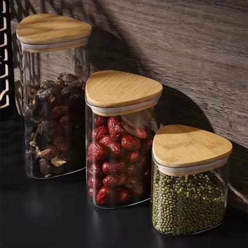 600ml, 900ml, 1250ml Traingle Glass Storage Jar with Bamboo Airtight Lid, Triangle Glass Tea Tin, Transparent Glass Canister for Ground Coffee, Tea Bag, Rice, Flour, Dog Cookies and More