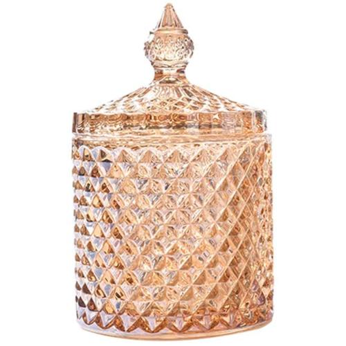Rainie Love Home Basic Food Storage Organization Set-Amber Crystal Diamond Faceted Jar with Crystal Lid,Suitable as A Candy Dish,Cookie Tin,Biscuit Barrel,Decorative Candy Jar-12 OZ-Small and 16oz large