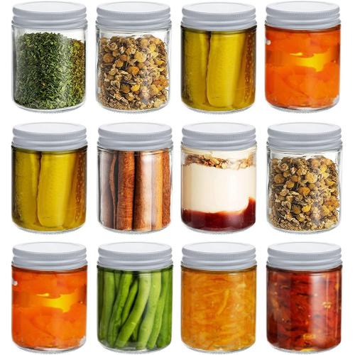 12 Pack 4oz , 7oz, 9oz, 12oz Glass Mason Canning Jars, Straight Sided Clear Glass Jars Storage Containers with 70mm White Metal Lids for Jam, Jelly, Dry Food, Spice, Salad, Yogurt